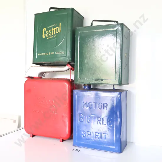 Embossed 2 Gallon Petrol Tins X 4, Big Tree, Lesco, Castrol And Plain.