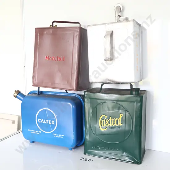 Embossed 2 Gallon Petrol Tins X 4, Mobiloil, Caltex, Castrol And Valor